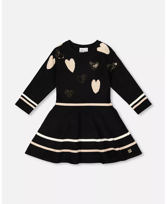 Вязаное платье для девочки, черное, с блестящими сердечками – для малышей|детей Deux par Deux, черный