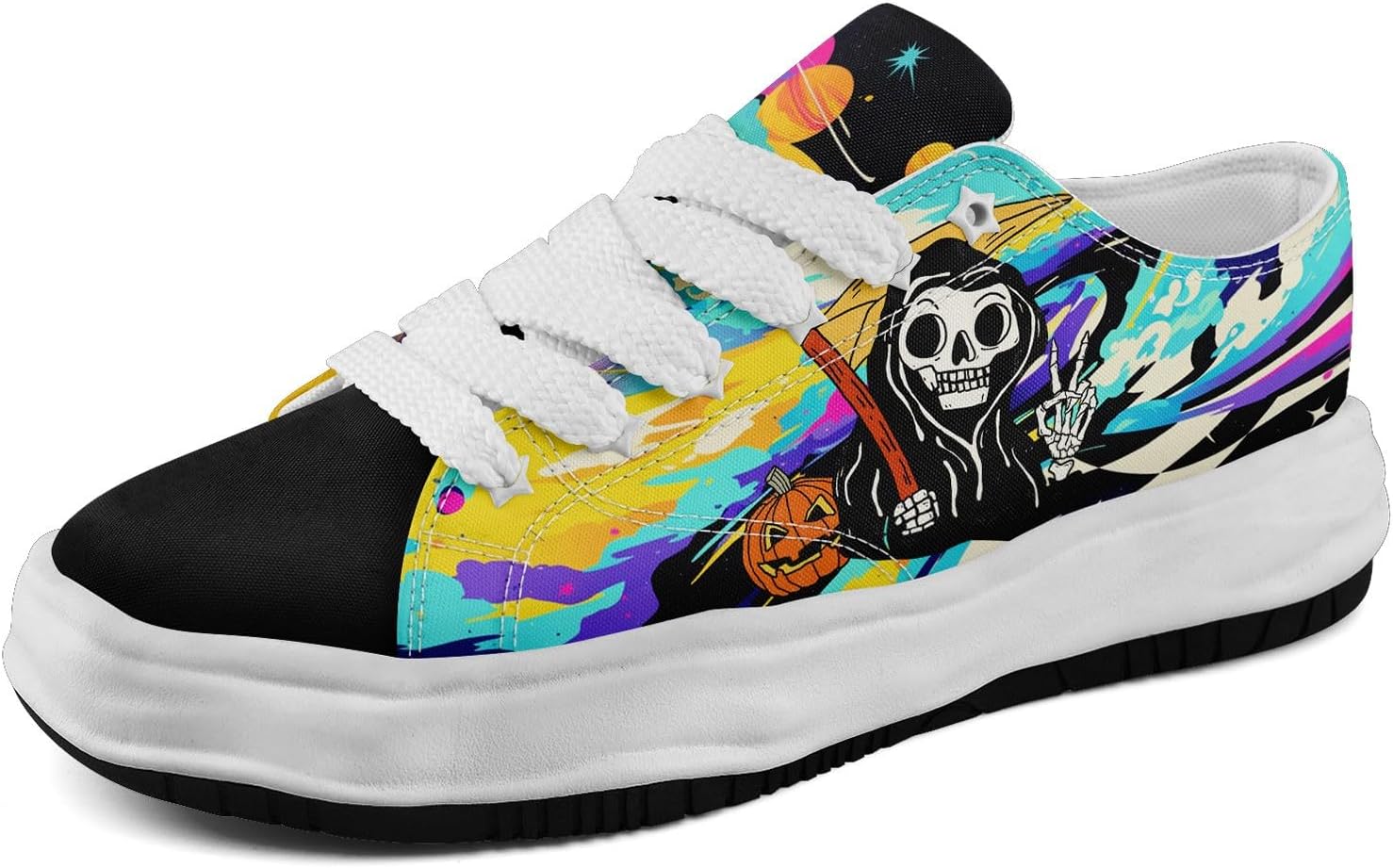 Кеды с готическим принтом черепа для мужчин и женщин - низкие кеды из ткани с резиновой подошвой EVA, панк-стритвир мода Awsole, белый
Кеды с готическим принтом черепа для мужчин и женщин - низкие кеды из ткани с резиновой подошвой EVA, панк-стритвир мода Awsole, белый