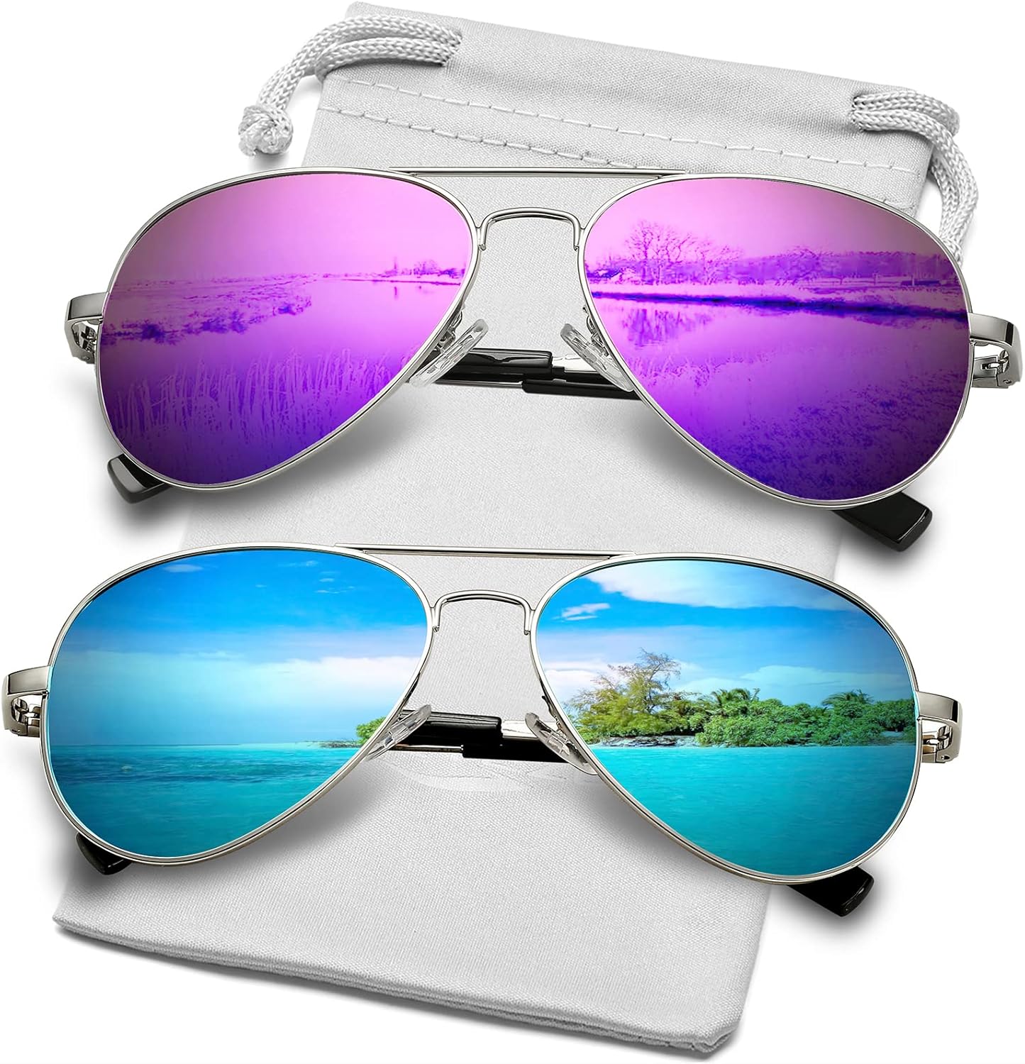 Классические поляризованные солнцезащитные очки-авиаторы AIEYEZO для мужчин и женщин, с пружинным шарниром и металлической оправой, защита от УФ-излучения UV400, 2 Pack (Silver/Purple Mirror, Silver/Ice Blue Mirror)
Классические поляризованные солнцезащитные очки-авиаторы AIEYEZO для мужчин и женщин, с пружинным шарниром и металлической оправой, защита от УФ-излучения UV400, 2 Pack (Silver/Purple Mirror, Silver/Ice Blue Mirror)