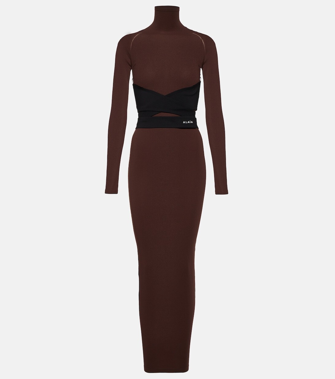 Платье макси из джерси с высоким воротником и поясом ALAÏA, коричневый
Платье макси из джерси с высоким воротником и поясом ALAÏA, коричневый