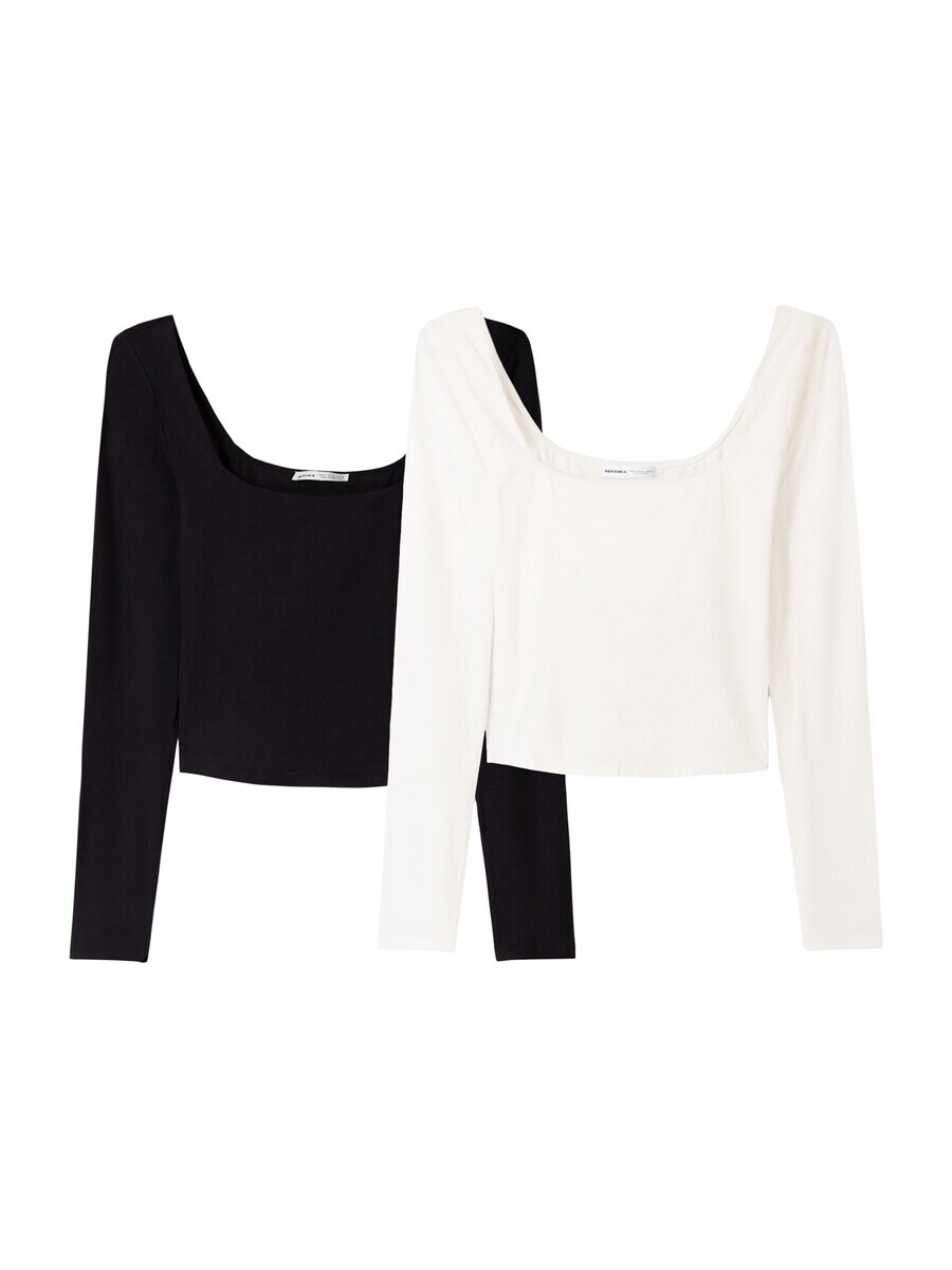 Лонгслив Bershka Shirt, черный/белый 
Лонгслив Bershka Shirt, черный/белый