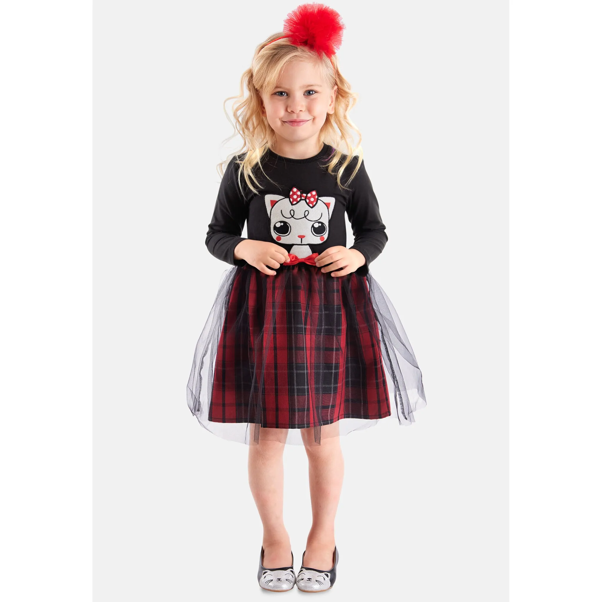 Летнее платье Denokids «Красная Лента», (2 шт.), с кошачьим принтом, черный