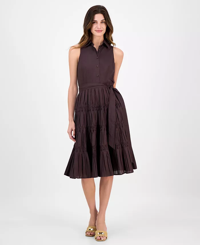 Женское платье миди без рукавов с защипами и завязкой на талии Anne Klein, коричневый 
Женское платье миди без рукавов с защипами и завязкой на талии Anne Klein, коричневый