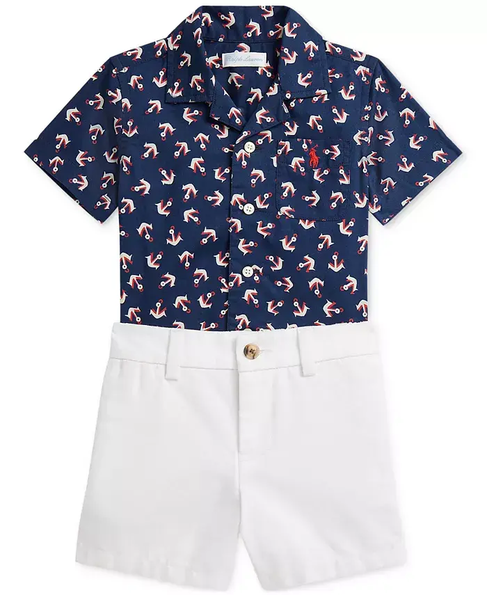 Комплект для мальчиков: рубашка с якорным принтом и шорты из хлопка Polo Ralph Lauren, синий
Комплект для мальчиков: рубашка с якорным принтом и шорты из хлопка Polo Ralph Lauren, синий