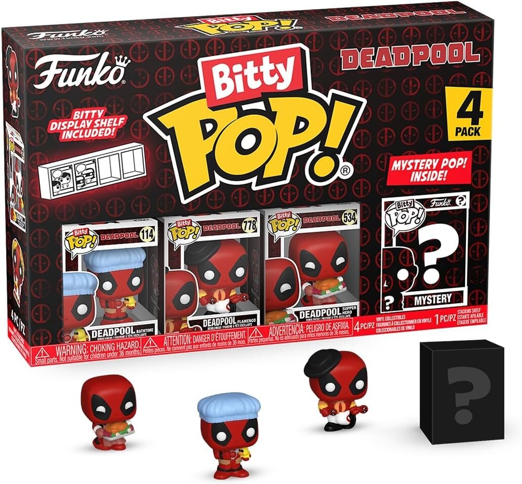 Funko POP! Фигурки для купания Deadpool Bitty Pop, 4 упаковки, 2,5 см
Funko POP! Фигурки для купания Deadpool Bitty Pop, 4 упаковки, 2,5 см