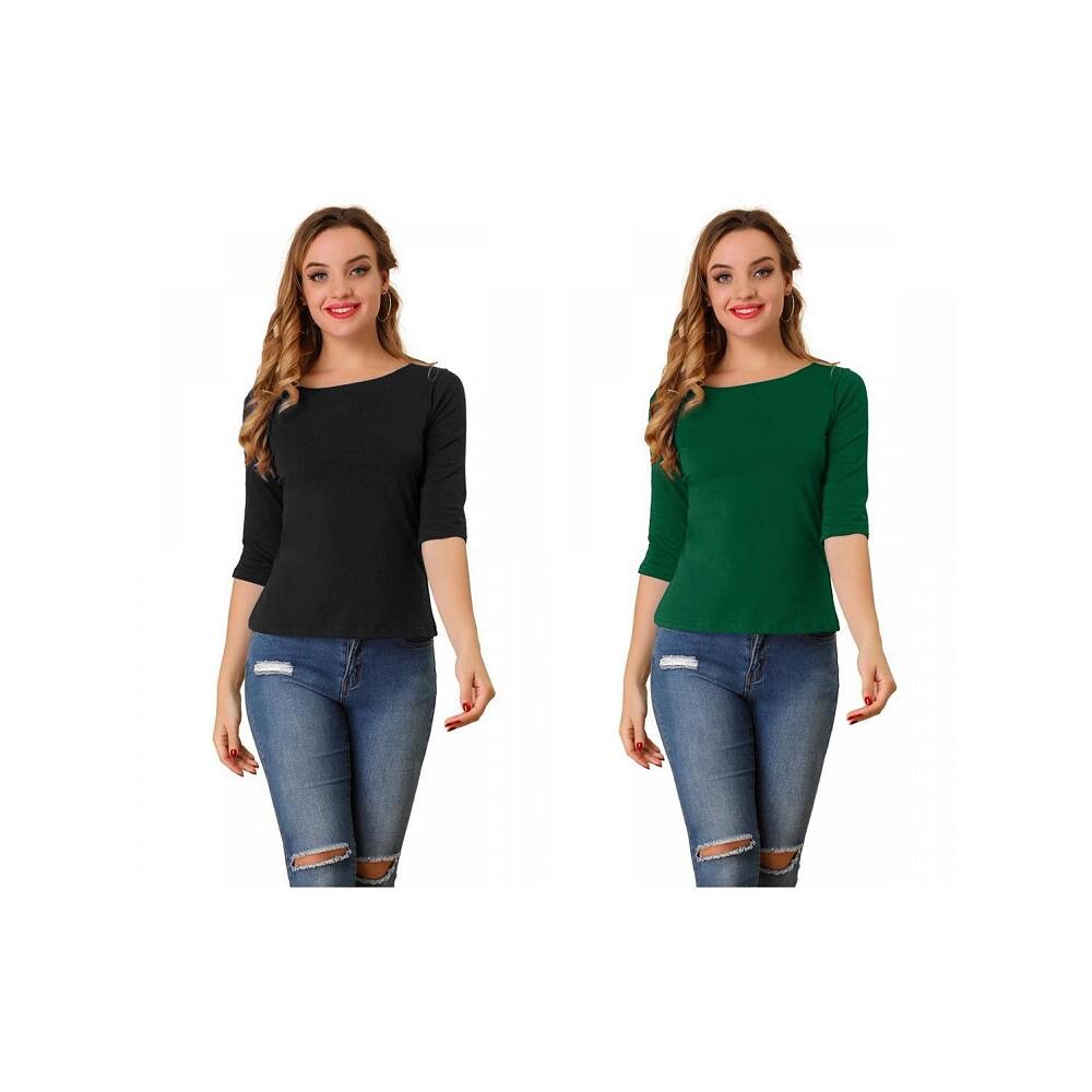 2 упаковки женских классических футболок узкого кроя с рукавами до локтя и вырезом «лодочка» ALLEGRA K, цвет Black Deep Green 
2 упаковки женских классических футболок узкого кроя с рукавами до локтя и вырезом «лодочка» ALLEGRA K, цвет Black Deep Green