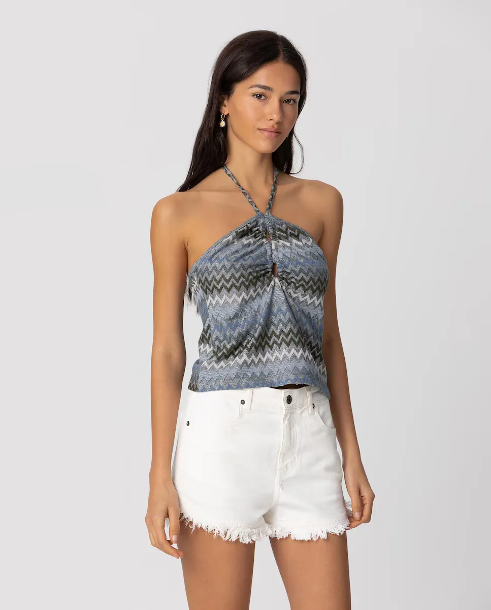 Женский топ с принтом и бантом на шее Noon, синий 
Женский топ с принтом и бантом на шее Noon, синий