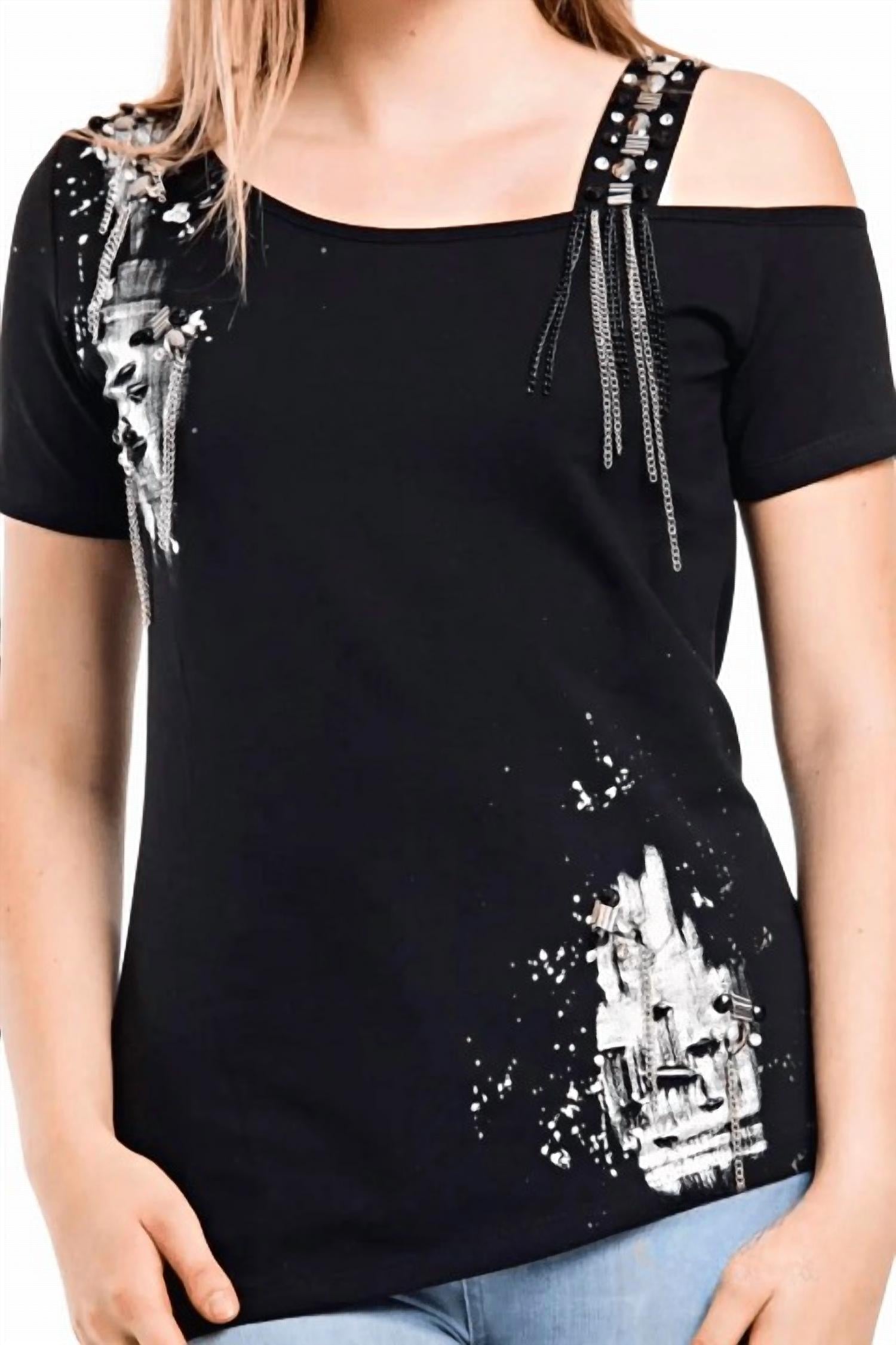 Футболка Tania с одним плечом и шипами в черном цвете OLYSS 
Футболка Tania с одним плечом и шипами в черном цвете OLYSS