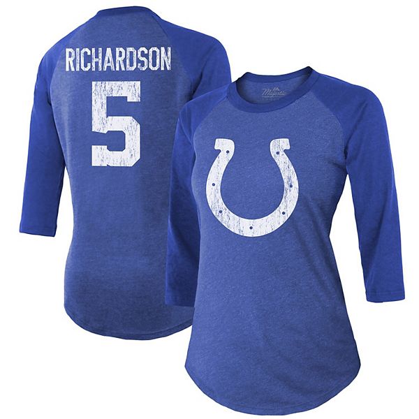 Женская футболка с именем и номером игрока Anthony Richardson Indianapolis Colts, трикотаж, 3/4 рукава, приталенная Majestic Threads
Женская футболка с именем и номером игрока Anthony Richardson Indianapolis Colts, трикотаж, 3/4 рукава, приталенная Majestic Threads