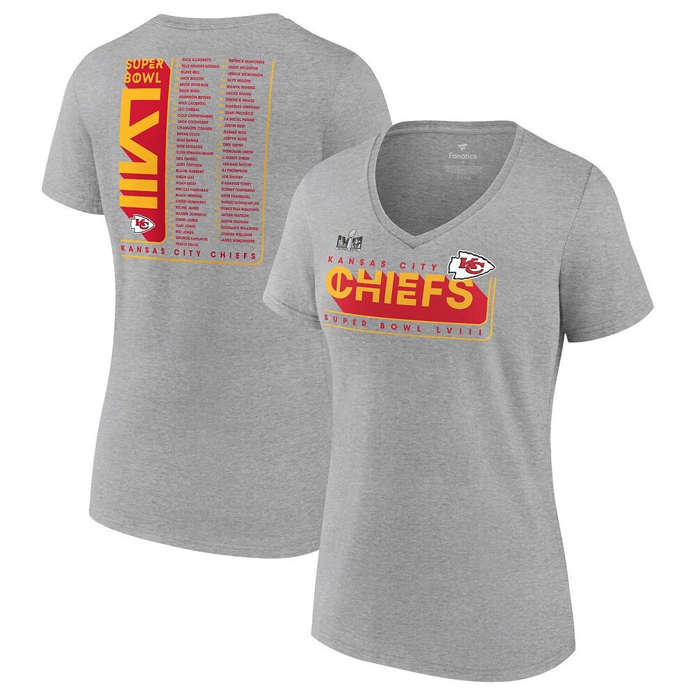 Женская футболка Fanatics с логотипом Heather Grey Kansas City Chiefs Super Bowl LVIII Roster с v-образным вырезом, цвет Chf Grey
Женская футболка Fanatics с логотипом Heather Grey Kansas City Chiefs Super Bowl LVIII Roster с v-образным вырезом, цвет Chf Grey