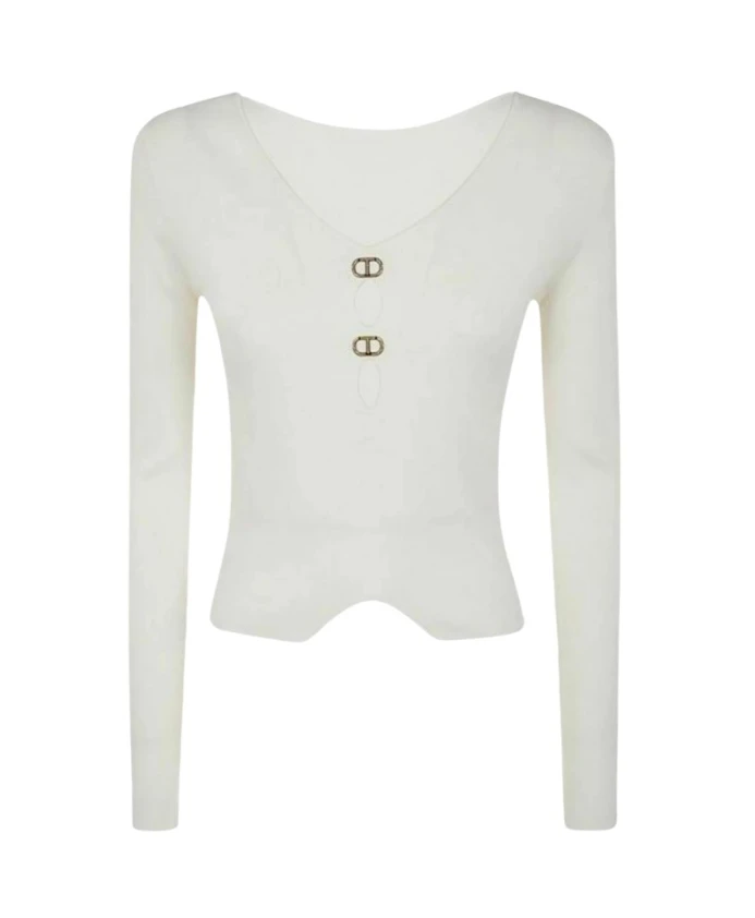 Белая толстовка с V-образным вырезом и логотипом из страз. Twinset, белый
Белая толстовка с V-образным вырезом и логотипом из страз. Twinset, белый