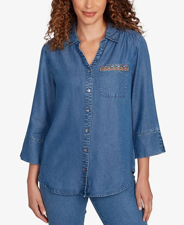 Топ Petite El Paso с вышитыми пуговицами-бабочками спереди Alfred Dunner, синий 
Топ Petite El Paso с вышитыми пуговицами-бабочками спереди Alfred Dunner, синий