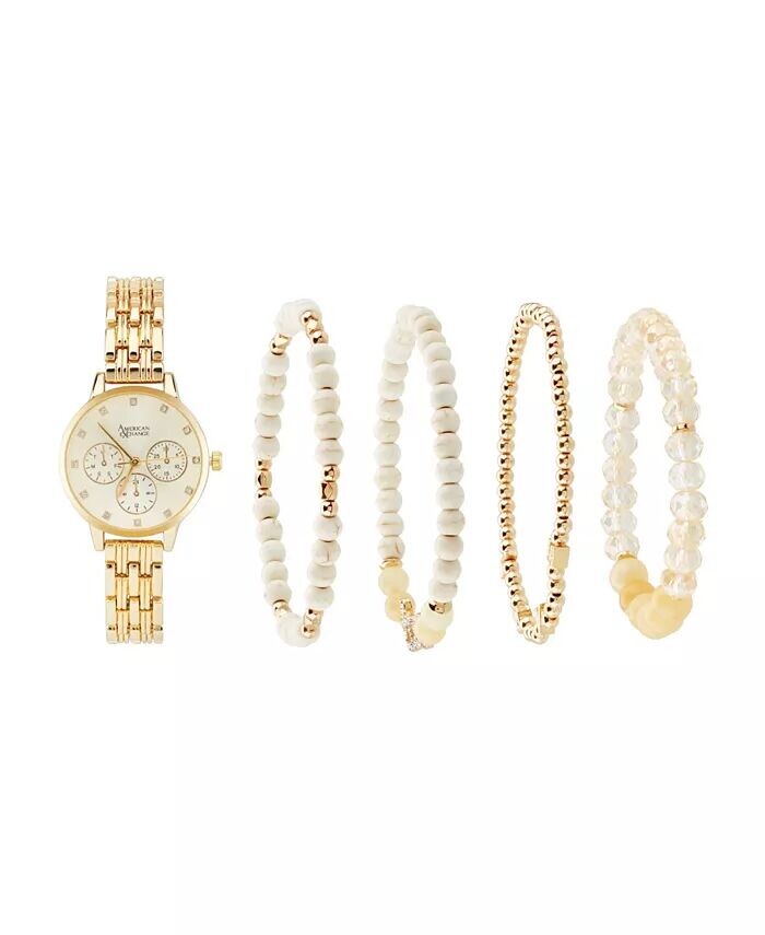 Женские аналоговые часы с блестящим золотым металлическим ремешком из сплава, 31 мм, со штабелируемыми браслетами, подарочный набор American Exchange, золото
Женские аналоговые часы с блестящим золотым металлическим ремешком из сплава, 31 мм, со штабелируемыми браслетами, подарочный набор American Exchange, золото