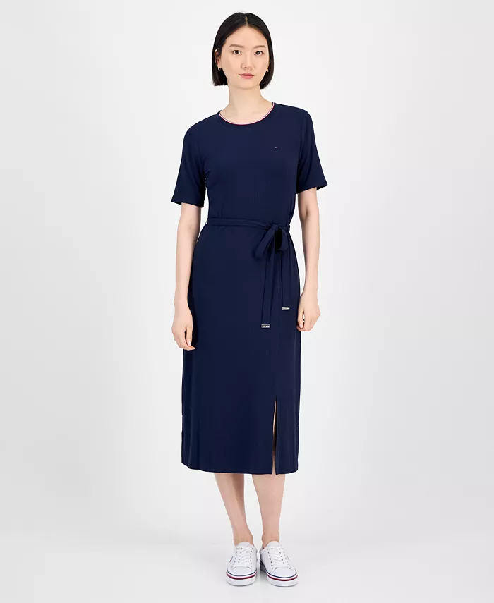 Женское платье миди с короткими рукавами и поясом в рубчик Tommy Hilfiger, синий
Женское платье миди с короткими рукавами и поясом в рубчик Tommy Hilfiger, синий