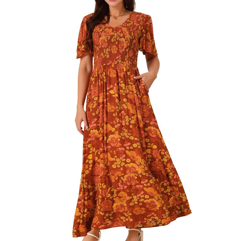 Женское летнее струящееся платье макси с короткими рукавами и v-образным вырезом и цветочным принтом, высокой талией и карманами Seta T, цвет Brick Red
Женское летнее струящееся платье макси с короткими рукавами и v-образным вырезом и цветочным принтом, высокой талией и карманами Seta T, цвет Brick Red