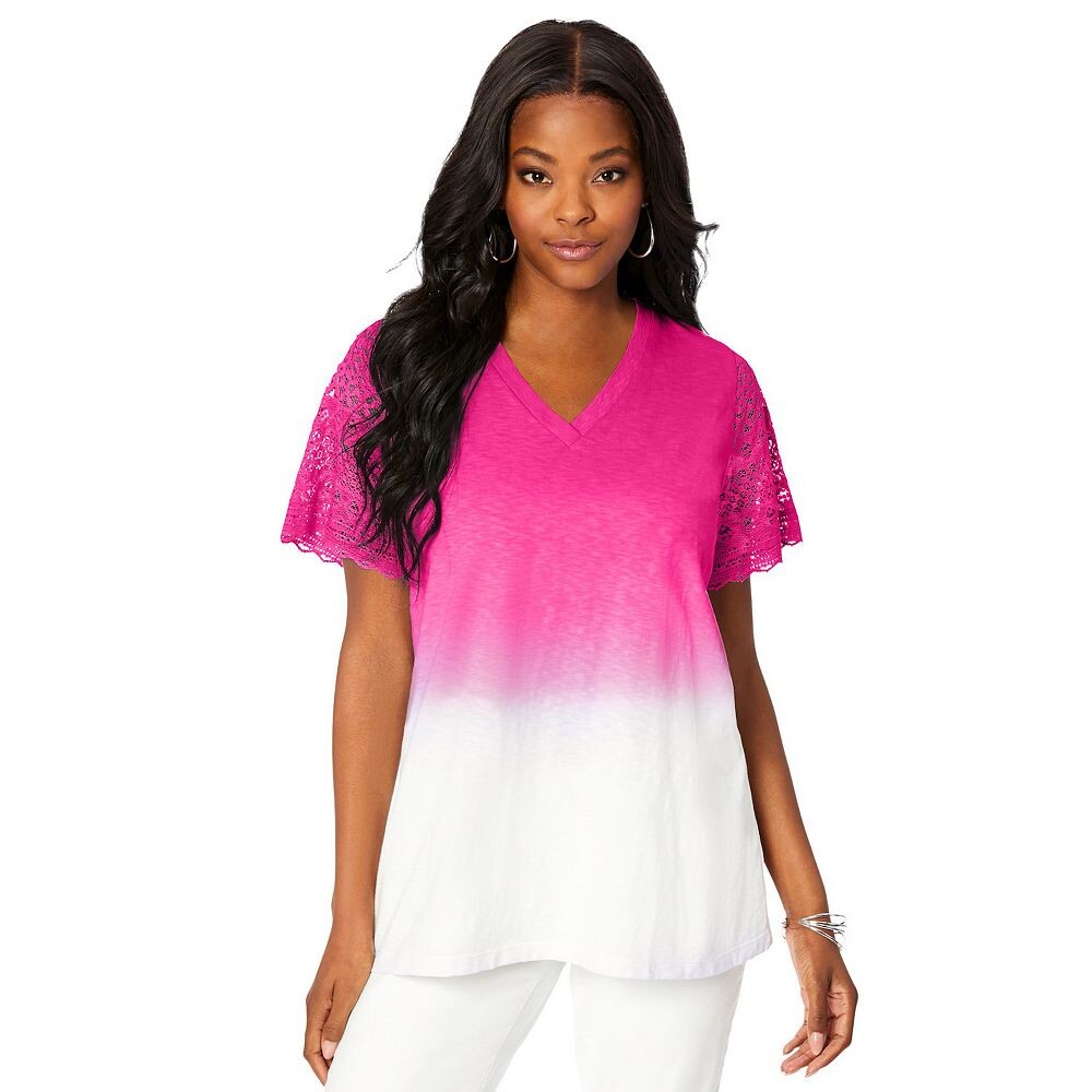 Женская футболка больших размеров Roaman с кружевными рукавами и эффектом омбре Roaman's, цвет Vivid Pink
Женская футболка больших размеров Roaman с кружевными рукавами и эффектом омбре Roaman's, цвет Vivid Pink