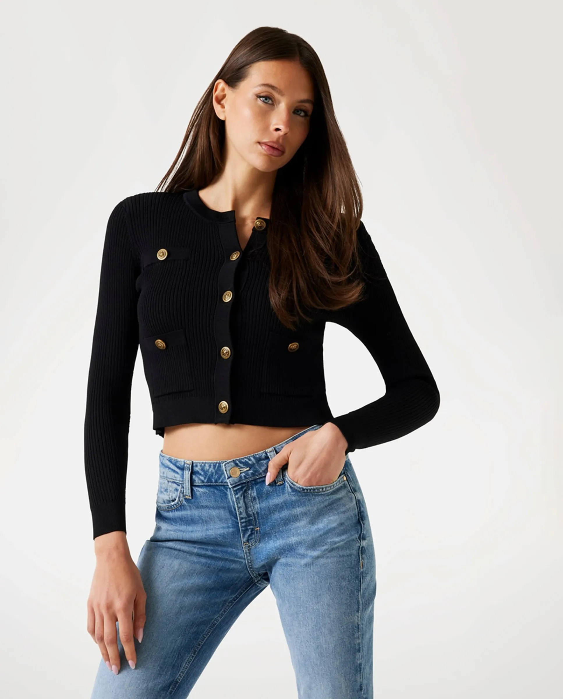 Женский вязаный кардиган с длинными рукавами Guess, черный 
Женский вязаный кардиган с длинными рукавами Guess, черный