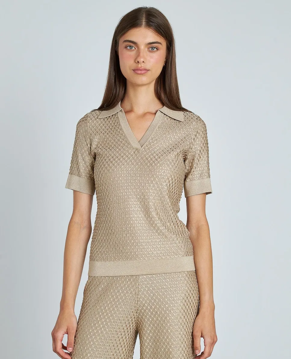 Женский вязаный топ с металлической тканью и отложным воротником с V-образным вырезом Alma en Pena, золотой
Женский вязаный топ с металлической тканью и отложным воротником с V-образным вырезом Alma en Pena, золотой