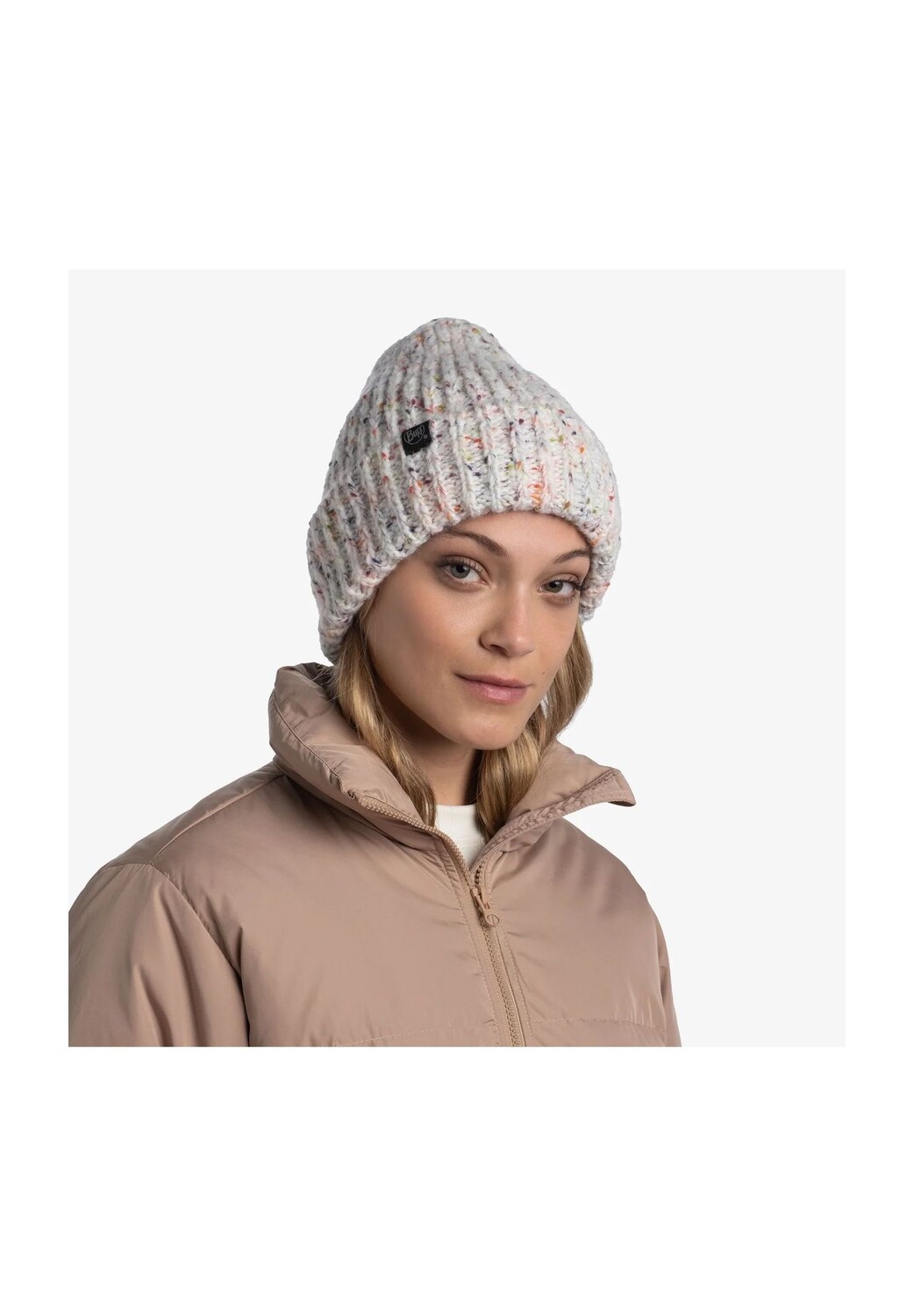 Шапка вязаная, ребристая структура, подкладка из флисовой ленты, женская Buff, белый