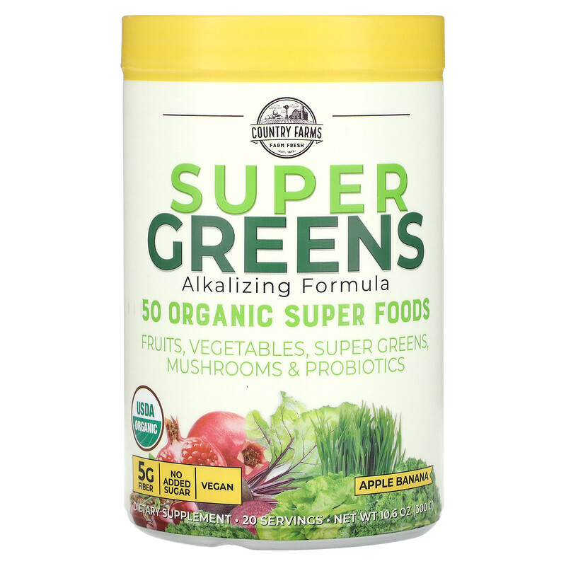 Country Farms, Super Greens, подщелачивающая формула, яблоко и банан, 300 г (10,6 унции)
Country Farms, Super Greens, подщелачивающая формула, яблоко и банан, 300 г (10,6 унции)