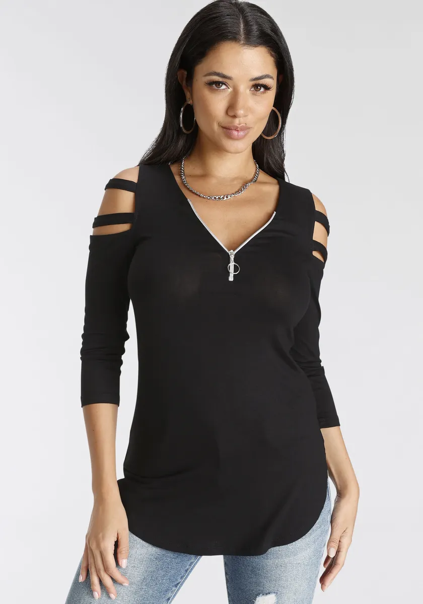 Рубашка Melrose с рукавом 3/4, с разрезами и декоративной молнией, черный 
Рубашка Melrose с рукавом 3/4, с разрезами и декоративной молнией, черный