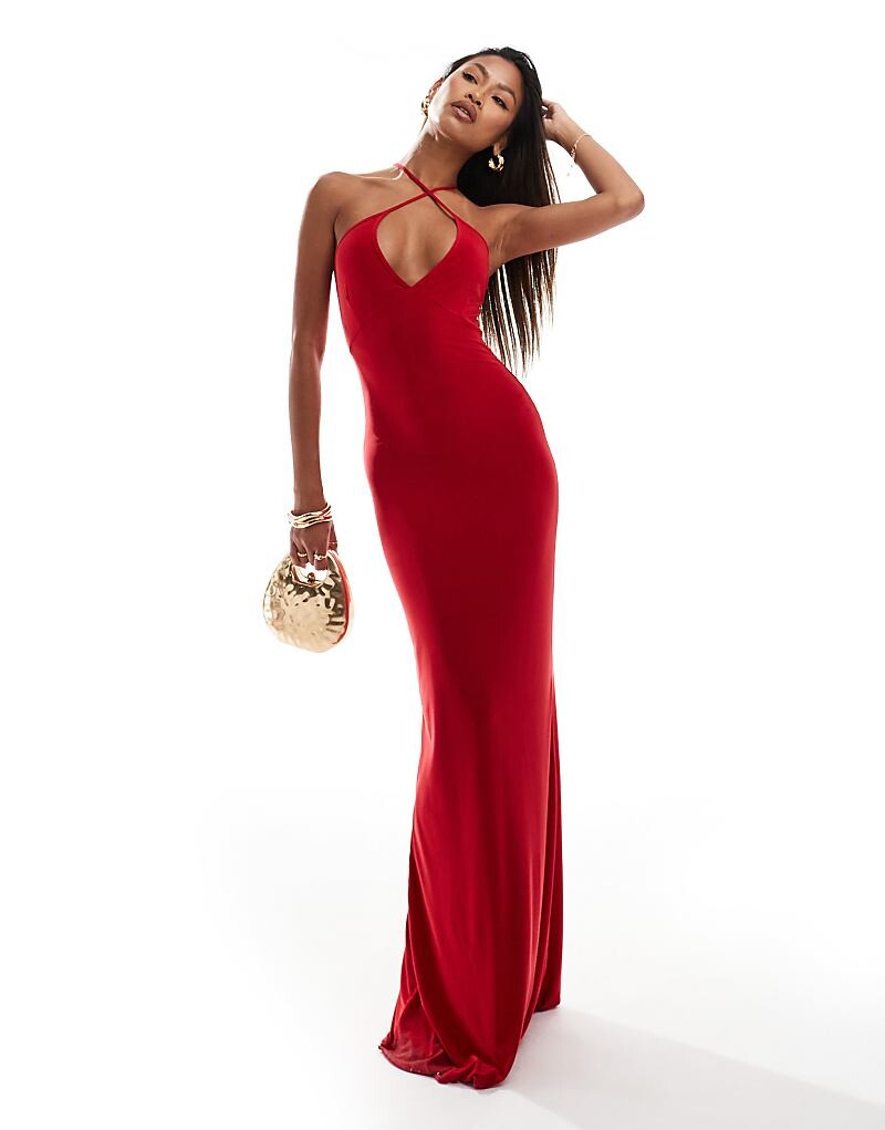 Fashionkilla – Красное облегающее двухслойное платье макси на бретелях и с запахом спереди