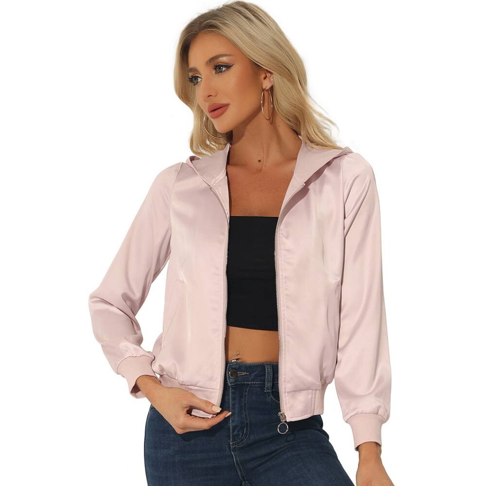 Женская блестящая голографическая блестящая куртка-бомбер с капюшоном и металлической молнией ALLEGRA K, цвет Salmon 
Женская блестящая голографическая блестящая куртка-бомбер с капюшоном и металлической молнией ALLEGRA K, цвет Salmon