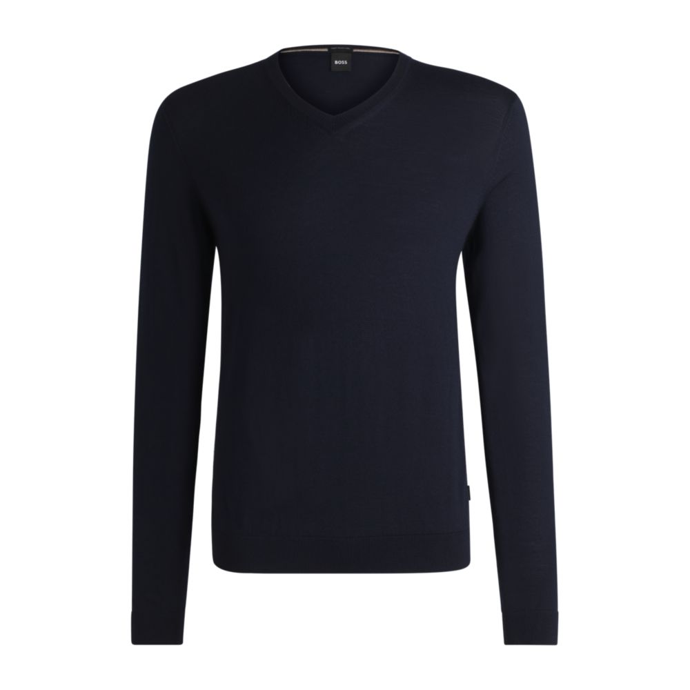 Свитер с V-образным вырезом из мериносовой шерсти BOSS, темно-синий
Свитер с V-образным вырезом из мериносовой шерсти BOSS, темно-синий