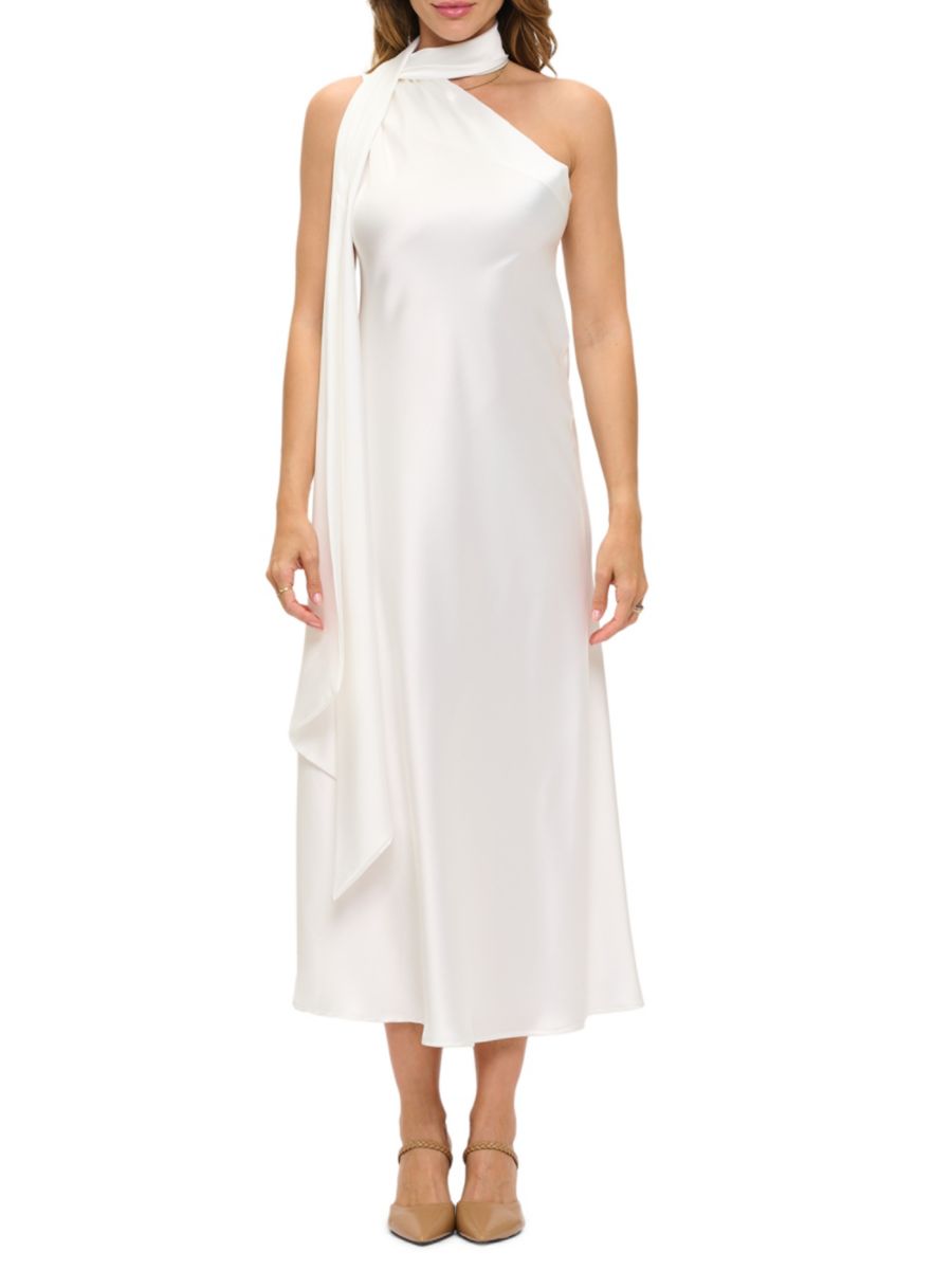 Атласное платье миди с шарфом на одно плечо Renee C., слоновая кость