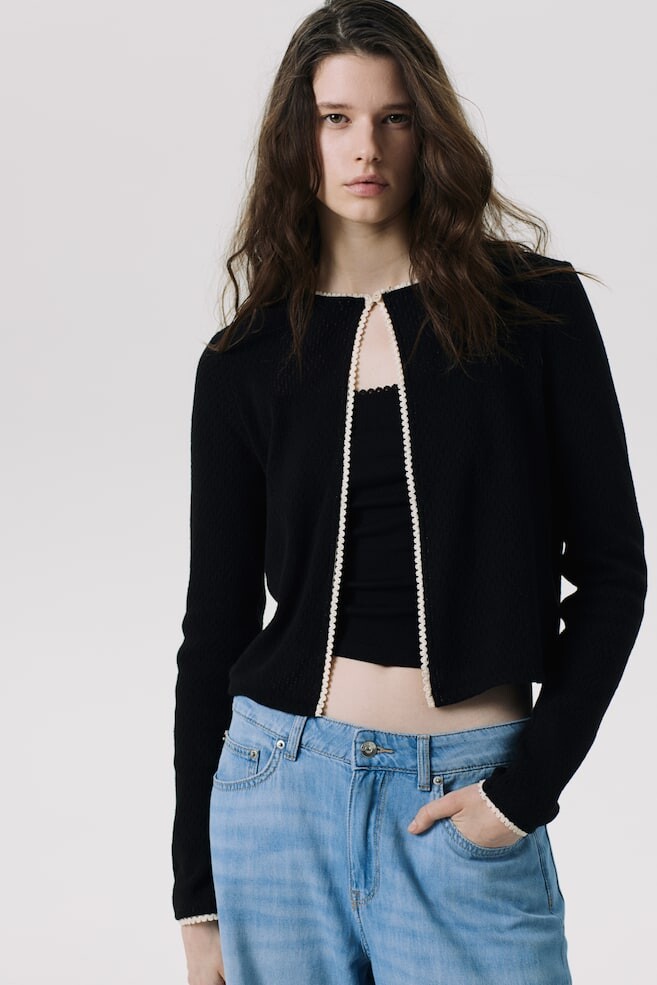 Кардиган из ажурной вязки с отделкой пико H&M, черный
Кардиган из ажурной вязки с отделкой пико H&M, черный