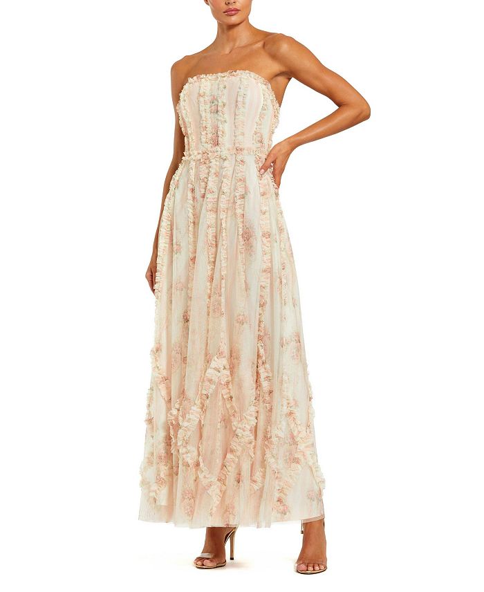 Сетчатое платье без бретелей с микро-оборками Mac Duggal, слоновая кость/кремовый 
Сетчатое платье без бретелей с микро-оборками Mac Duggal, слоновая кость/кремовый