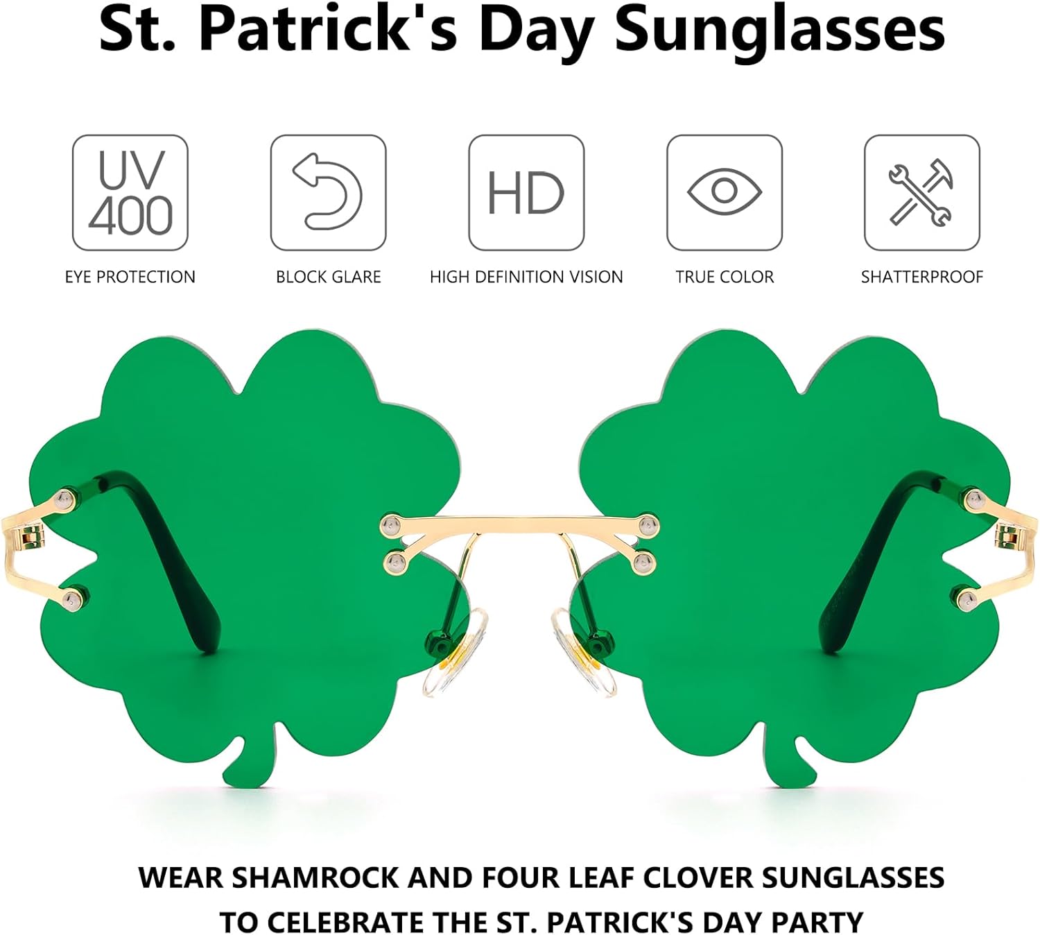 Солнцезащитные очки LIKSMU ко Дню Святого Патрика для женщин и мужчин, с ирландским клевером, зеленые, с четырехлистным клевером, для костюмированной вечеринки, Four Leaf Clover Green
Солнцезащитные очки LIKSMU ко Дню Святого Патрика для женщин и мужчин, с ирландским клевером, зеленые, с четырехлистным клевером, для костюмированной вечеринки, Four Leaf Clover Green