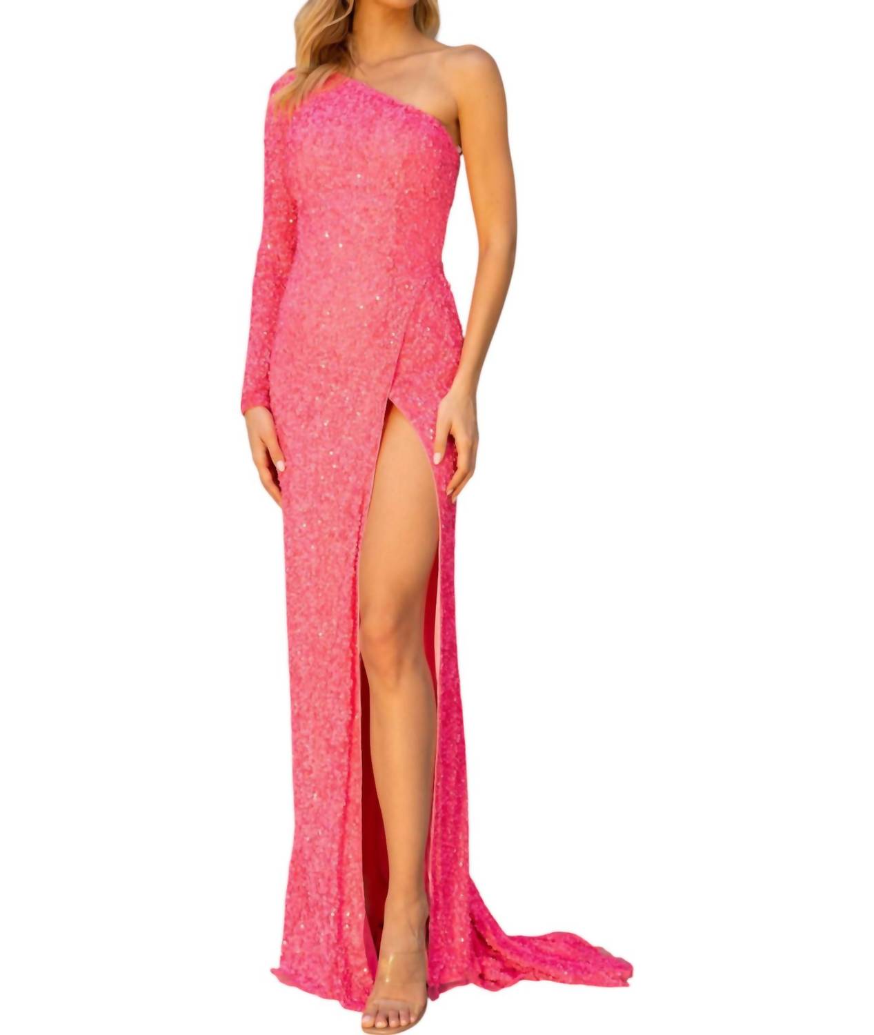 Вечернее платье с одним плечом и высоким разрезом в неоново-розовом цвете Primavera
Вечернее платье с одним плечом и высоким разрезом в неоново-розовом цвете Primavera