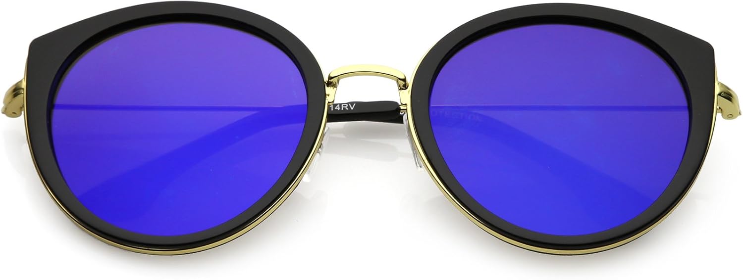 zeroUV - Современные солнцезащитные очки в форме «кошачий глаз» с круглыми цветными зеркальными линзами и металлическим ободком, диаметр линз 53 мм, Black Gold / Blue Mirror
zeroUV - Современные солнцезащитные очки в форме «кошачий глаз» с круглыми цветными зеркальными линзами и металлическим ободком, диаметр линз 53 мм, Black Gold / Blue Mirror