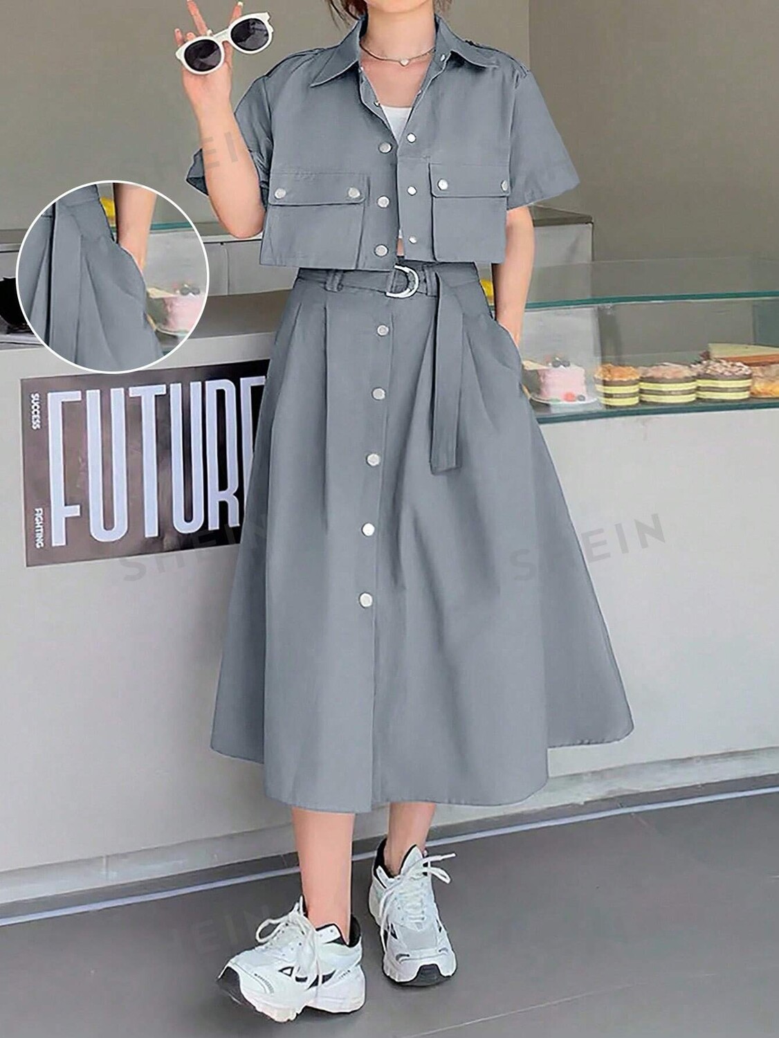 EZwear Рабочая одежда Повседневный комплект из рубашки и юбки с короткими рукавами Shein, серый
EZwear Рабочая одежда Повседневный комплект из рубашки и юбки с короткими рукавами Shein, серый