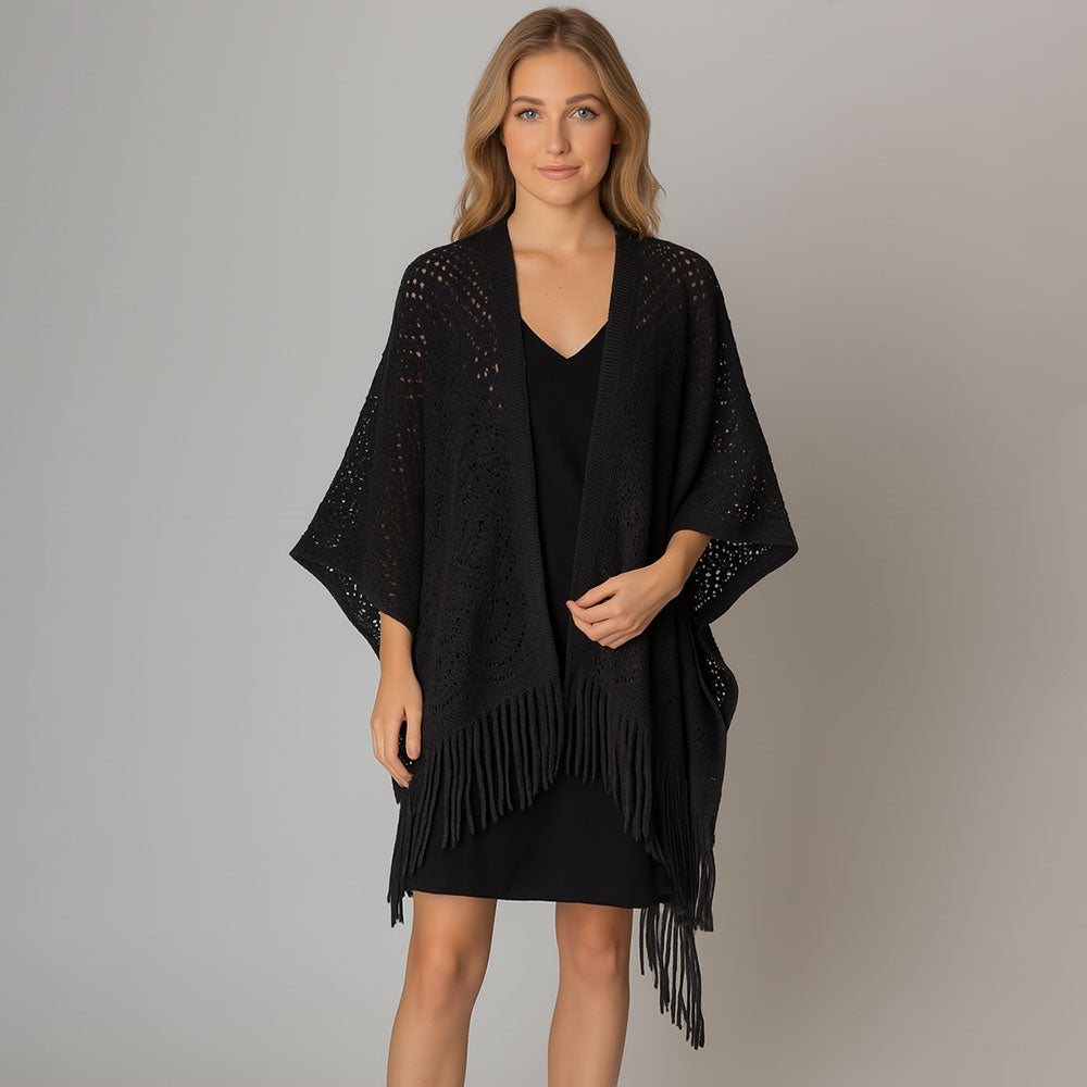 Бахромчатая ажурная вязаная шаль с драпировкой руана пончо TRUEDAMES, черный