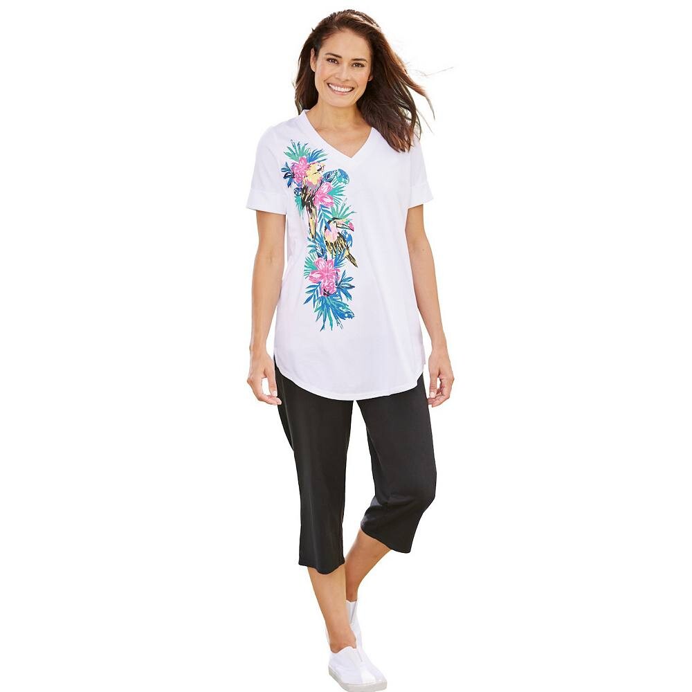 Женщина в женской тунике больших размеров из двух частей с v-образным вырезом и капри Woman Within, цвет White Multi Tropical 
Женщина в женской тунике больших размеров из двух частей с v-образным вырезом и капри Woman Within, цвет White Multi Tropical