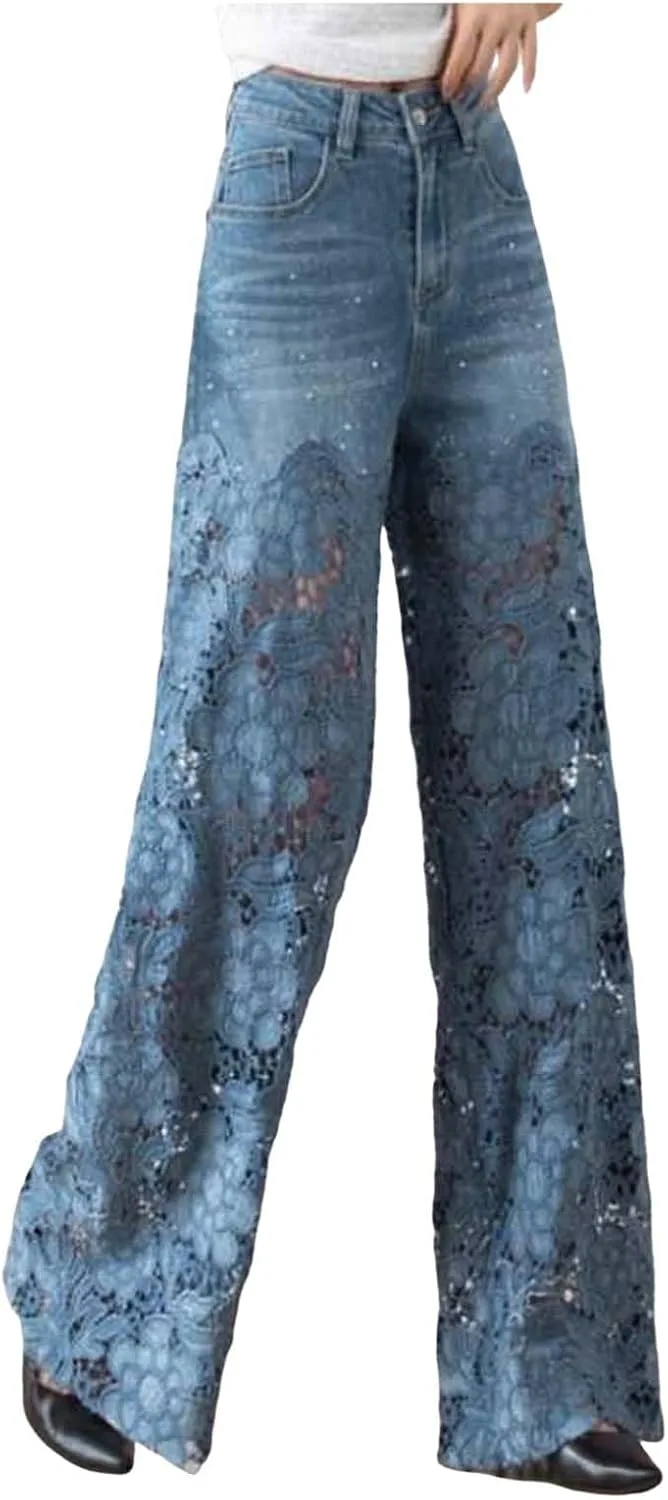 Женские джинсы с кружевными вставками, High Waisted, Vintage, Wide Leg
Женские джинсы с кружевными вставками, High Waisted, Vintage, Wide Leg