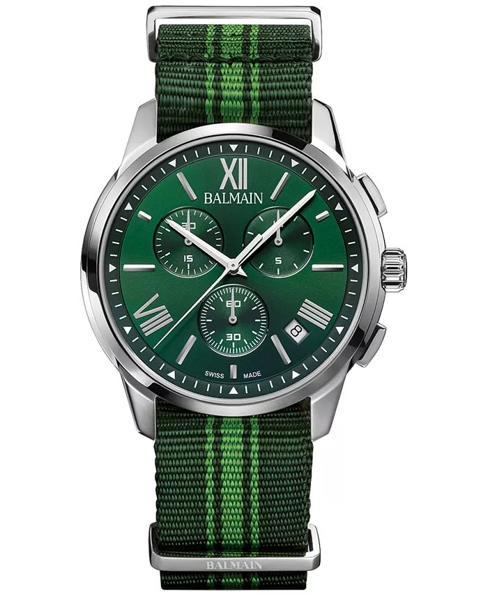 Мужские часы Swiss Chronograph Madrigal с темно-зеленым полосатым ремешком NATO, 42 мм Balmain
Мужские часы Swiss Chronograph Madrigal с темно-зеленым полосатым ремешком NATO, 42 мм Balmain