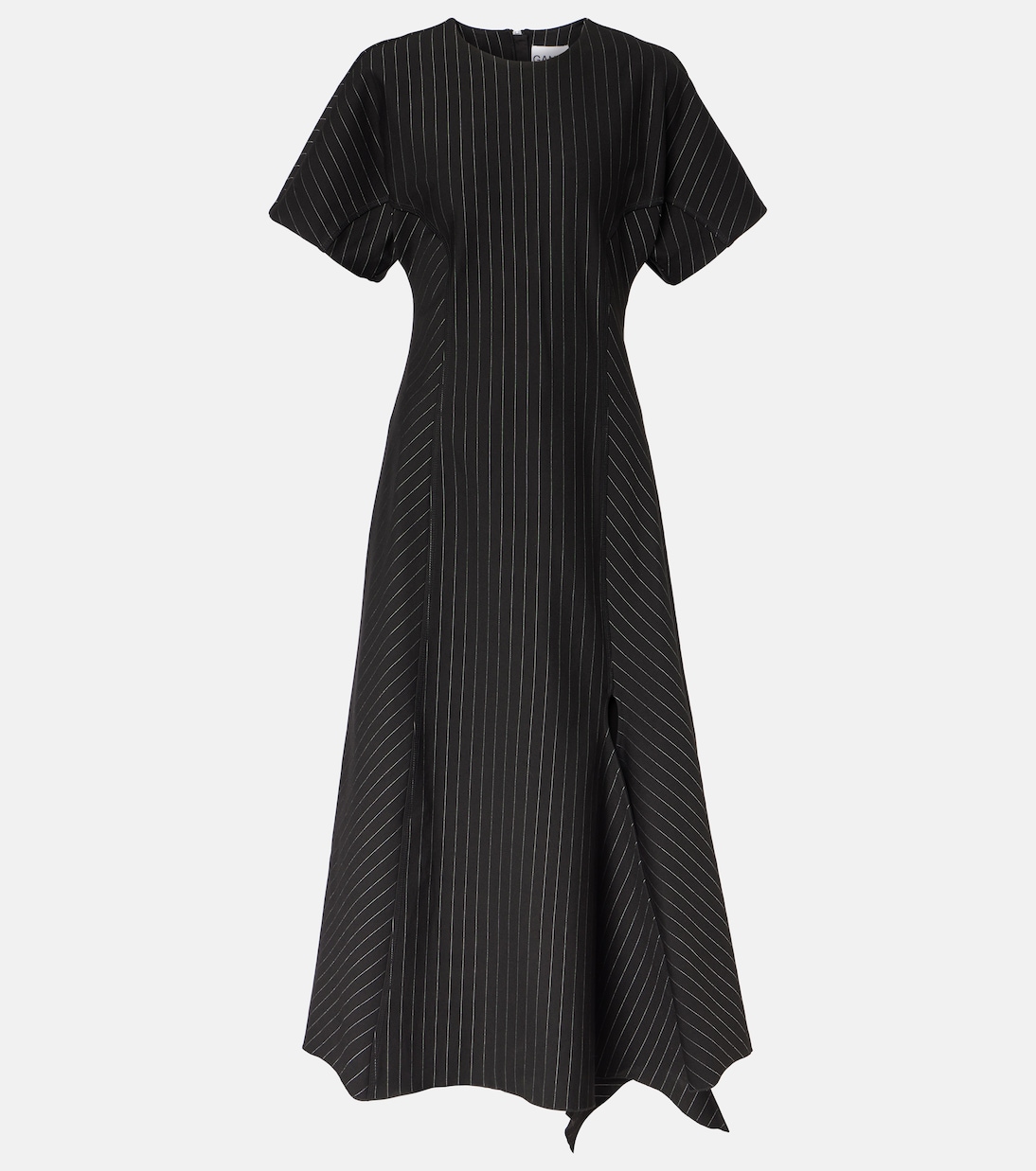 Асимметричное платье миди в тонкую полоску Ganni, черный 
Асимметричное платье миди в тонкую полоску Ganni, черный