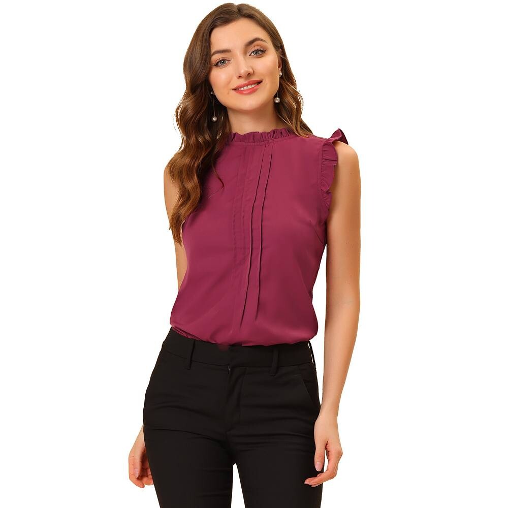 Топ без рукавов для женщин, деловые офисные блузки с винтажным цветочным принтом и рюшами ALLEGRA K, цвет Dark Red 
Топ без рукавов для женщин, деловые офисные блузки с винтажным цветочным принтом и рюшами ALLEGRA K, цвет Dark Red