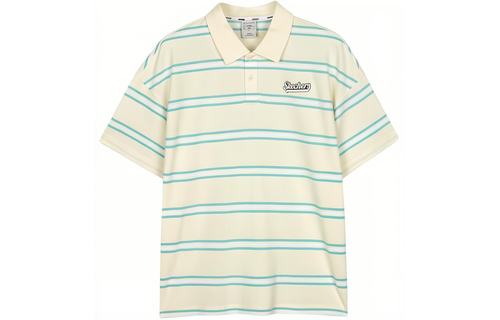 Яркая поло мужская кремово-белая со светло-зелеными полосками Skechers, основа кремово-белая светло-зеленые полосы/03EZ 
Яркая поло мужская кремово-белая со светло-зелеными полосками Skechers, основа кремово-белая светло-зеленые полосы/03EZ