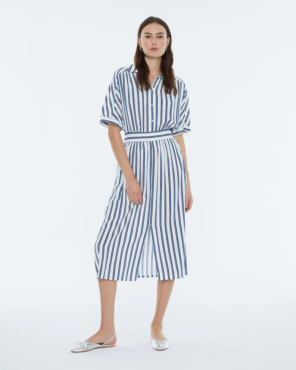 Полосатое платье миди с рубашечным воротником Andam, синий
Полосатое платье миди с рубашечным воротником Andam, синий