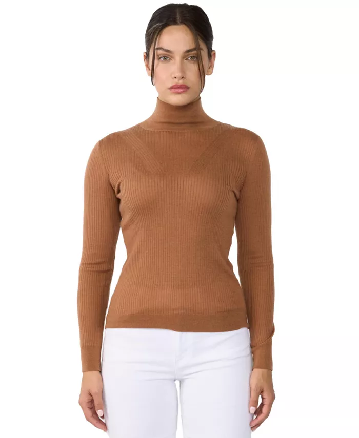 Женский свитер с высоким воротом из плотного кашемира и шелка в рубчик JENNIE LIU, коричневый 
Женский свитер с высоким воротом из плотного кашемира и шелка в рубчик JENNIE LIU, коричневый