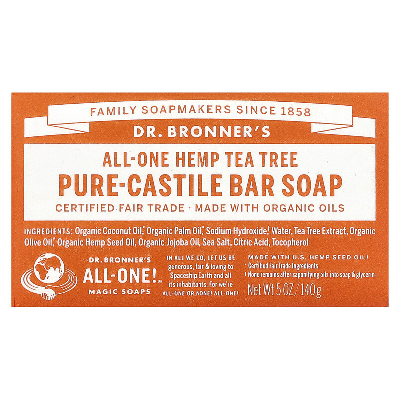 Dr. Bronner's, Pure Castile Bar Soap, All-One, конопля, чайное дерево, 140 г (5 унций)
Dr. Bronner's, Pure Castile Bar Soap, All-One, конопля, чайное дерево, 140 г (5 унций)