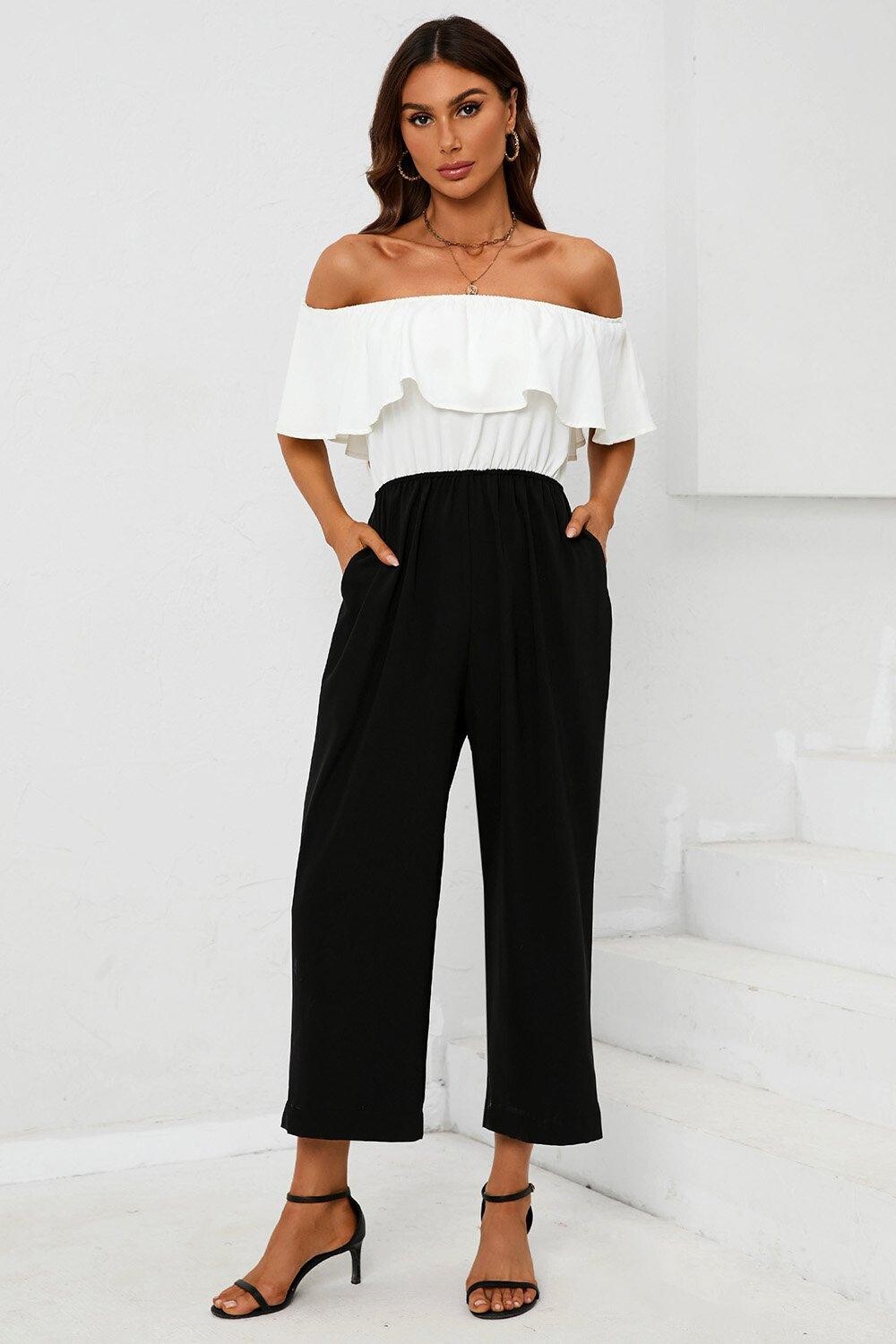 Черный белый комбинезон с контрастными открытыми плечами и рюшами FS Collection, белый
Черный белый комбинезон с контрастными открытыми плечами и рюшами FS Collection, белый