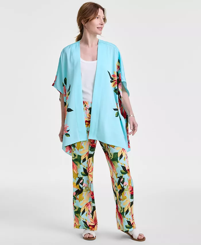 Женский топ-кимоно из атласа с принтом и открытым передом JM Collection, синий 
Женский топ-кимоно из атласа с принтом и открытым передом JM Collection, синий