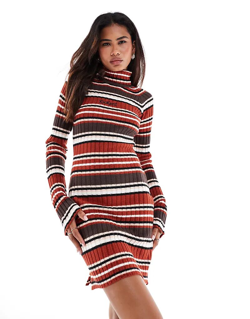 Облегающее платье-джемпер с высоким воротом в ретро-розово-коричневую полоску Kickers
Облегающее платье-джемпер с высоким воротом в ретро-розово-коричневую полоску Kickers