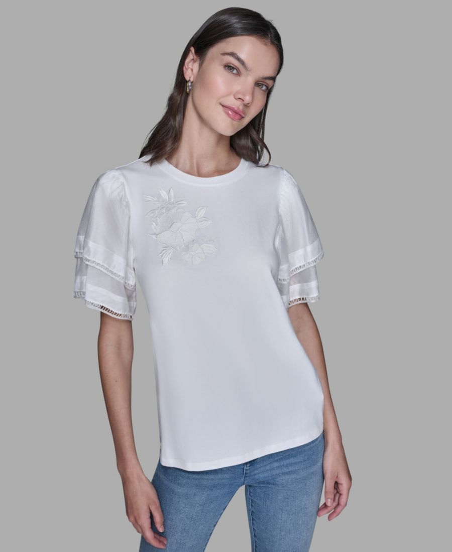 Женская блузка с рюшами и круглым вырезом, с цветочным принтом KARL LAGERFELD PARIS, Soft White
Женская блузка с рюшами и круглым вырезом, с цветочным принтом KARL LAGERFELD PARIS, Soft White