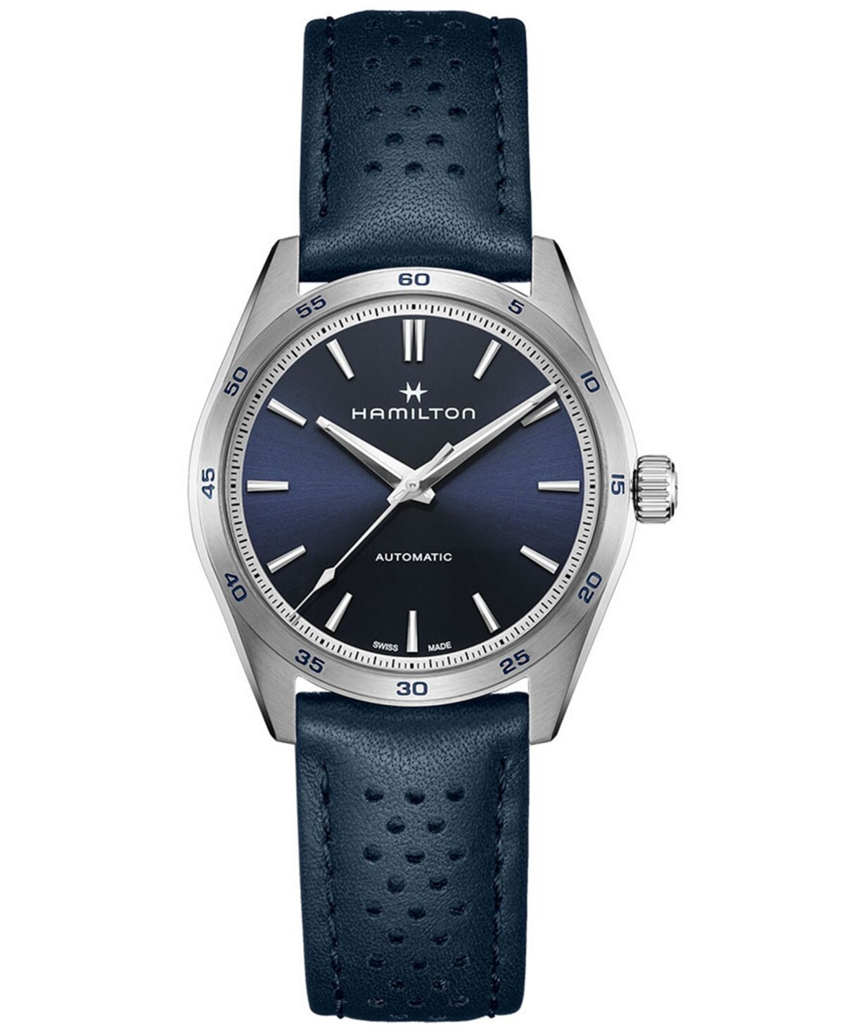 Женские швейцарские автоматические часы Jazzmaster Performer с синим кожаным ремешком, 38 мм Hamilton, синий 
Женские швейцарские автоматические часы Jazzmaster Performer с синим кожаным ремешком, 38 мм Hamilton, синий